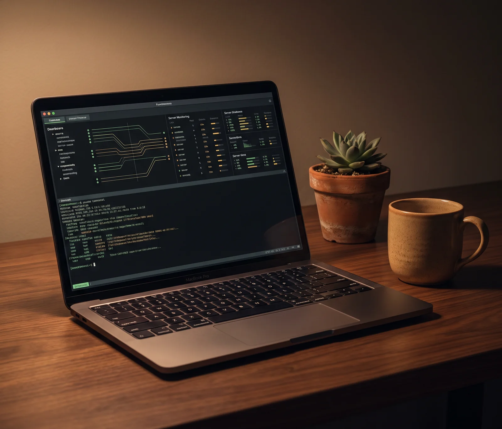 Laptop mit Server-Monitoring auf einem Schreibtisch am Abend